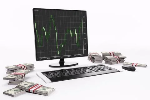 Lcd with forex charts and stacks of dollars 3d Stock Illustration