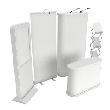 LCD Screen Floor Stand with Roll-Up Pop-Up and reception desk. Stock Illustration