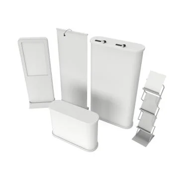 LCD Screen Floor Stand with Roll-Up Pop-Up and reception desk. Stock Illustration