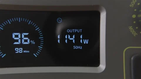 LCD screen of portable power station showing high 1766W output load Vídeo Stock 347069014