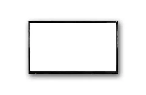LCD TV with thin black frame hanging on white wall. Blank white screen. Isola Stock Photos