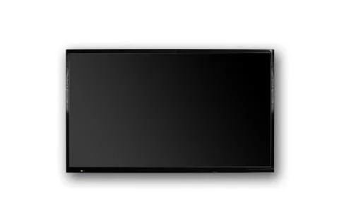 LCD TV with thin black frame hanging on white wall. Blank black screen. Isola Stock-Fotos
