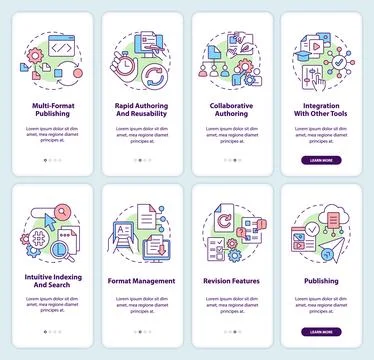 LCMS and CMS features onboarding mobile app screen set Stock Illustration