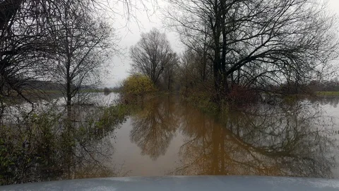 LD Driving a 4x4 car on a completely flooded road in the countryside Stock Footage 120023486