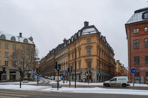 ?ld town, view of snow-covered Gamla Stan in winter, Stockholm, Sweden Fotos de archivo