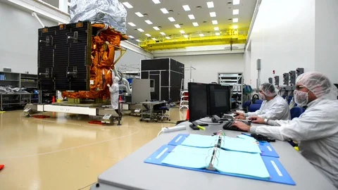 LDCM spacecraft being assembled in the cleanroom at Orbital Sciences Corp - 2013 Stock Footage 112273348