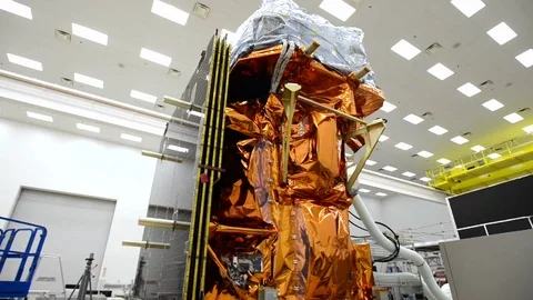 LDCM spacecraft being assembled in the cleanroom at Orbital Sciences Corp - 2013 Stock Footage 112273498