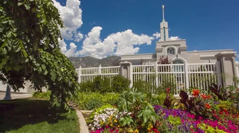 LDS Temple Mount Timpanogos Pan Across Flowers Stock Footage 42932300