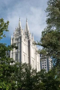 LDS Temple surrounded by trees on Temple Square Stock Photos