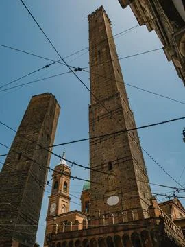 Le Due Torri, two medieval leaning towers in Bologna Stock Photos