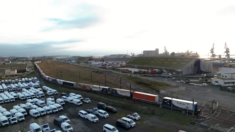 Le Havre Port Freight Train Aerial Panorama Sunset Stock Footage 338371559