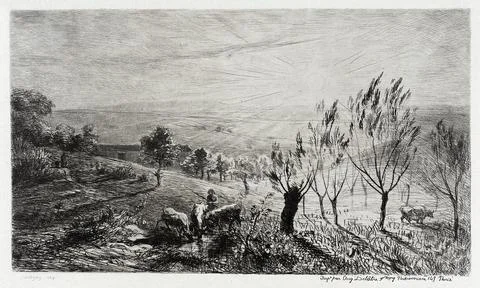 Le Lever de soleil. Charles-Franois Daubigny (France, Paris, 1817-1878). Fr.. Stock-Illustration