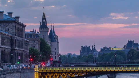 Le Pont D'Arcole bridge after sunset with boats day to night timelapse, Paris Stock Footage 276421070