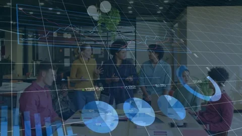 Lead activating tablet team of 7 pointing at data charts sweeping above table Stock Footage 332504841