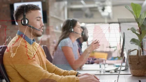 Lead agent typing on laptop after incoming support call starting, data charts Stock Footage 333170203
