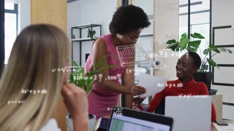 Lead approaching desk leaning, pointing at paper, sharing office doc while math Video stock 333317917