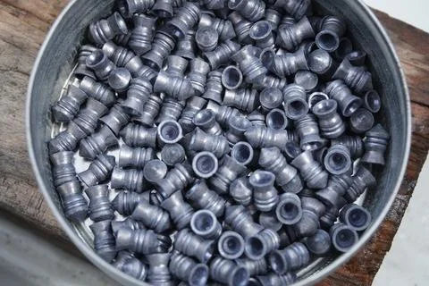 Lead bullets in a box. Pneumatic bullets for pneumatic weapons. 스톡 사진