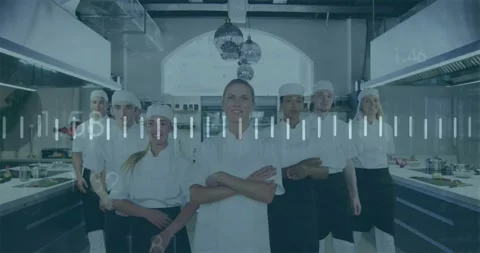 Lead chef cueing kitchen team stepping in line, posing for launch, animating Video stock 334112084