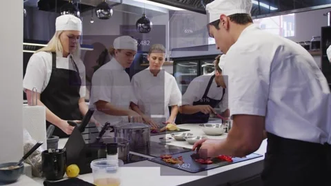 Lead chef cueing line cooks at prep counter, animated UI tracking pepper Video stock 333735348