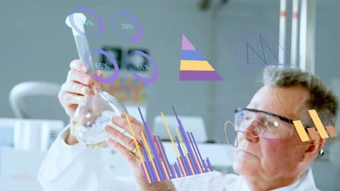 Lead chemist raising flask in lab to light, rotating and inspecting, data charts Stock Footage 334466330
