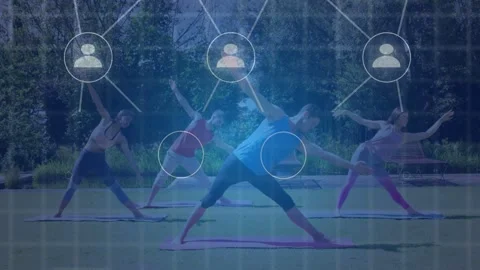 Lead coach holding pose in park node rising above growing into network joining Stock Footage 333859511