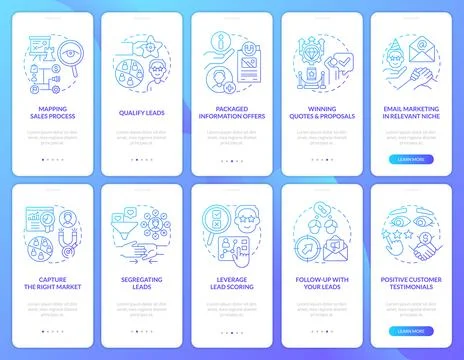 Lead conversion process blue gradient onboarding mobile app screen set Stock Illustration