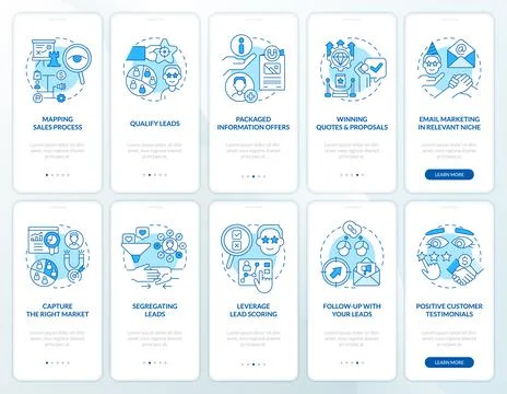 Lead conversion process blue onboarding mobile app screen set Stock Illustration