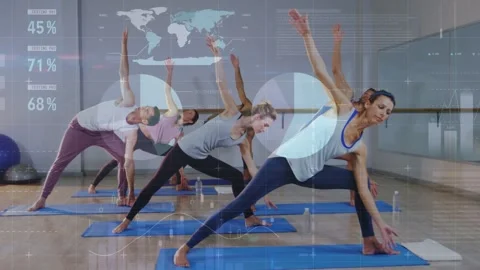Lead cueing turn to deepen stretch, yoga class shifting into side-angle on blue Stock Footage 332902093