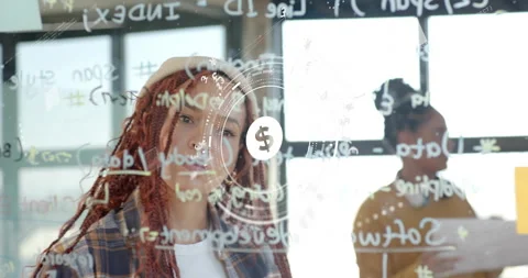 Lead developer approaching wall writing code coworker pointing laptop info chart Stock Footage 316120600