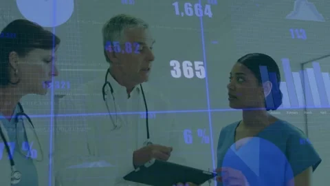 Lead doc pointing nurse tapping tablet causing blue chart overlay while medical Stock Footage 330444373