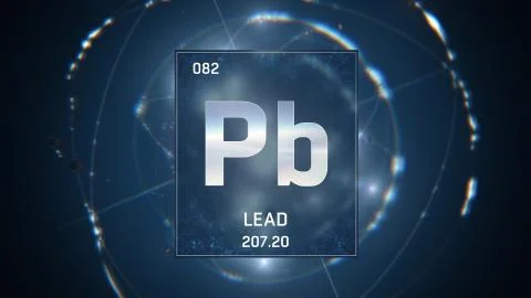 Lead as Element 82 of the Periodic Table 3D illustration on blue background Stock Illustration