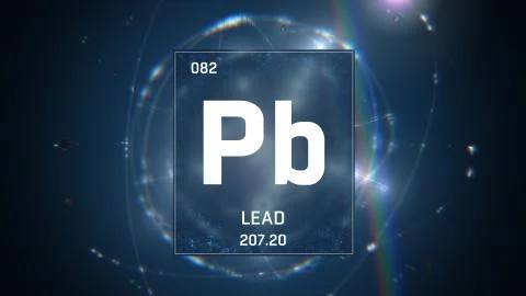Lead as Element 82 of the Periodic Table 3D illustration on blue background Stock Illustration
