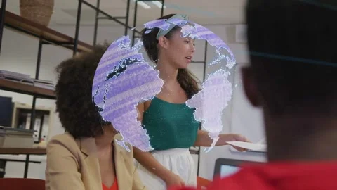 Lead entering frame sharing global data in business meeting, 3D globe covering Stock Footage 332686365