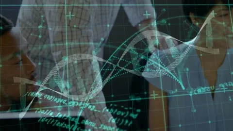 Lead entering leaning over team, pointing at screen, reviewing genome, DNA helix Stock Footage 332504617