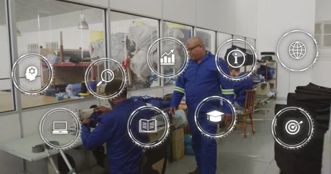Lead entering from right and inspecting sewing operator while circular icons Stock Footage 331006233