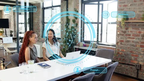 Lead entering right and placing folder activating blue holo UI over table Stock Footage 332566607