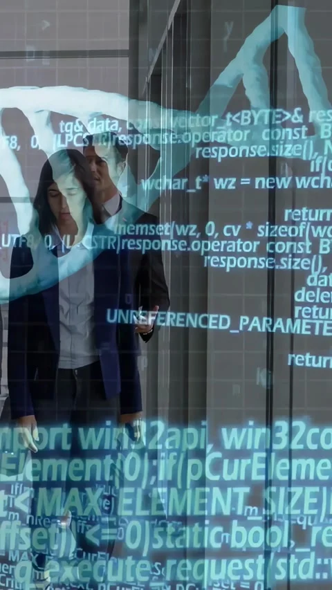 Lead exec using phone leading team in glass hall motion-led DNA or code overlay Stock Footage 334397653