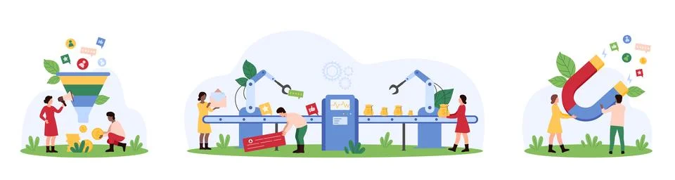 Lead generation set, tiny people generate leads with conveyor belt machine and イラスト素材