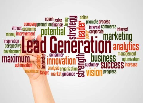 Lead generation word cloud and hand with marker concept Stock Photos