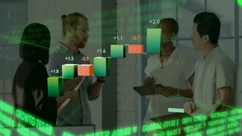 Lead gesturing as green ticker intensifying driving 3D finance bars over tablet, Stock Footage 340674626
