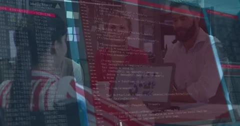 Lead gesturing at laptop in tech meeting, causing UI overlay and code, shifting Stock Footage 331108657