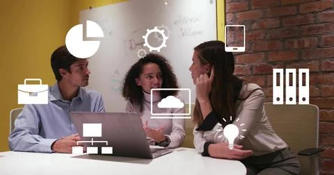 Lead gesturing, team tapping laptop and pointing, icons marking charts for Stock Photos