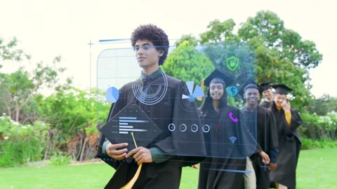 Lead grad holding cap walking lawn, camera pullback showing HUD tracking line, Video stock 333837913