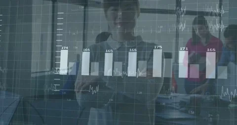 Lead in gray center clasping, gesturing, animated bars expanding settling across Stock Footage 331109348