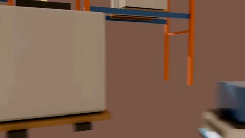 Lead green AMR moving, camera-robot carrying blue package following and avoiding Stock Footage 339448473