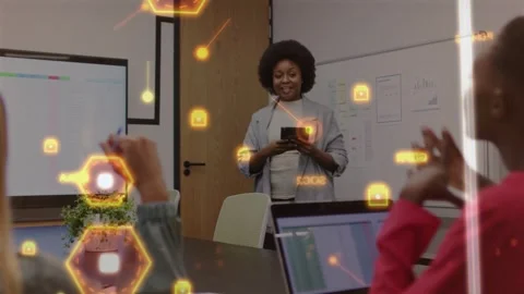 Lead holding tablet and presenting data in business meeting, activating orange Stock Footage 333336599
