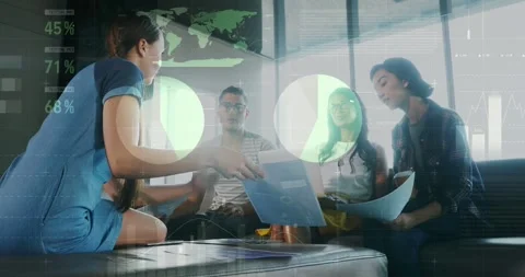 Lead kneeling handing sheets, team reviewing reports for business while data Stock Footage 331276312