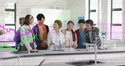 Lead in labcoat handling test tubes, starting peer work as graphs rising then Stock Footage 330888340