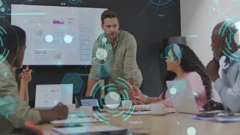 Lead leaning on table and presenting data to team in business, HUD overlaying Stock Footage 333317916