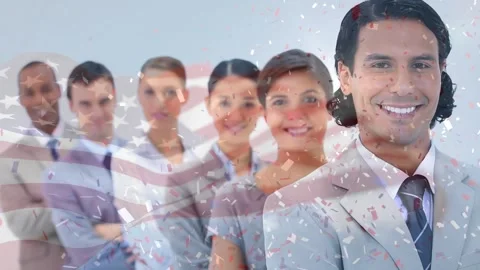 Lead man and team studio posing while frames advancing, flag overlay over team, Stock Footage 329454129